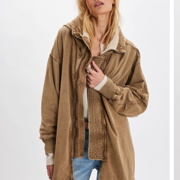Free People One Cedar Faux Fur Lined Hoodie Zip Up Swiss Cocoa Size Small NWT